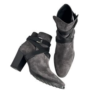2010s Tod's Gray Suede Harness Ankle Boots Block Heel Size 38 US 7.5 Italy